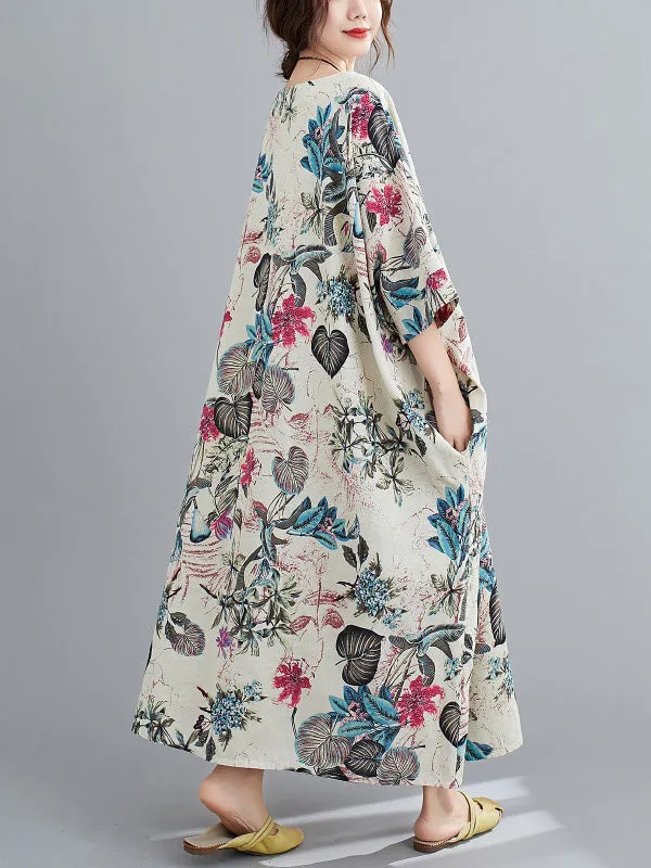 Floral Half Sleeves Loose Round-neck Maxi Dresses Dresses