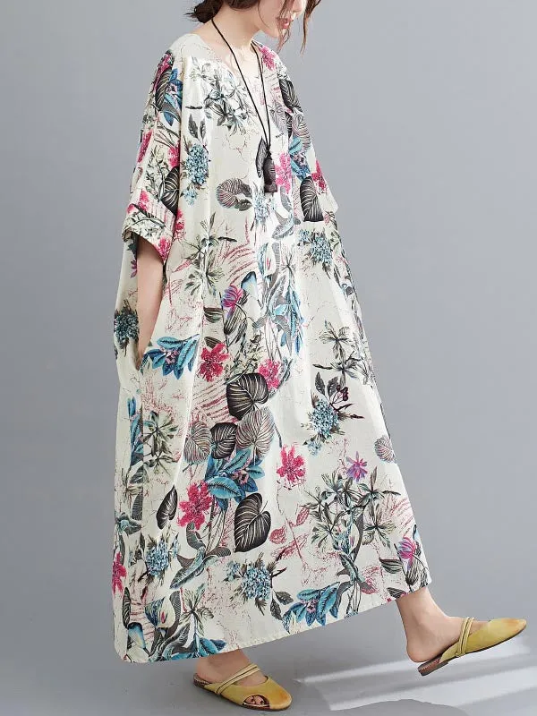 Floral Half Sleeves Loose Round-neck Maxi Dresses Dresses