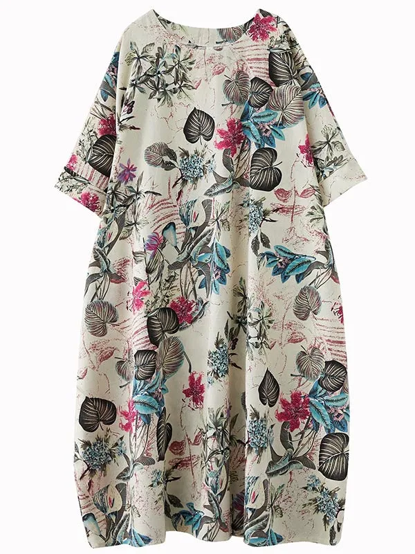 Floral Half Sleeves Loose Round-neck Maxi Dresses Dresses