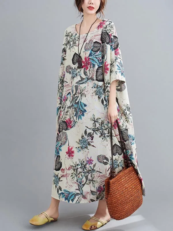 Floral Half Sleeves Loose Round-neck Maxi Dresses Dresses