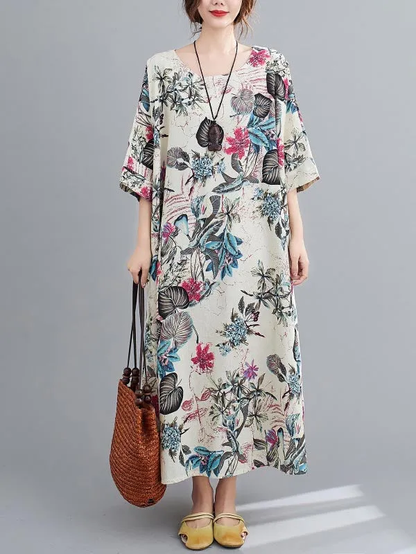 Floral Half Sleeves Loose Round-neck Maxi Dresses Dresses