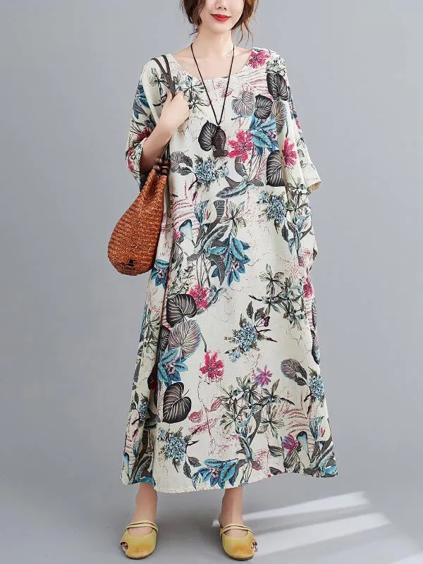 Floral Half Sleeves Loose Round-neck Maxi Dresses Dresses