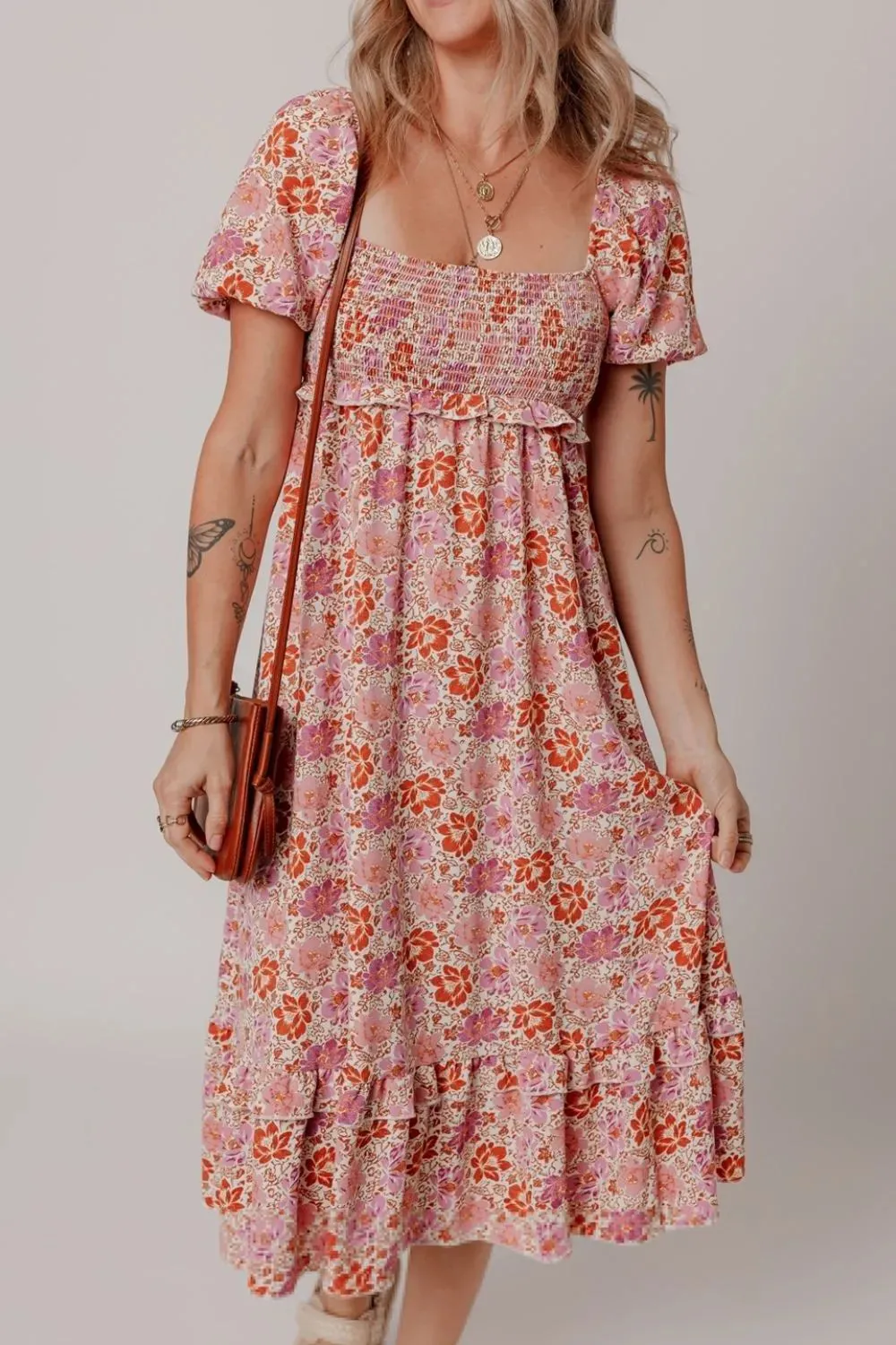 Floral Square Neck Knotted Ruffle Midi Dress