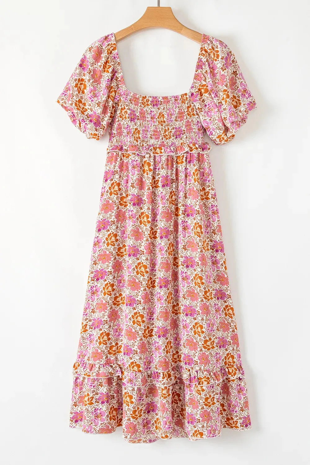 Floral Square Neck Knotted Ruffle Midi Dress