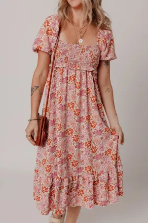 Floral Square Neck Knotted Ruffle Midi Dress