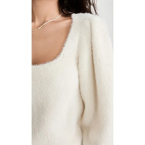 FREE PEOPLE Ivory Moonbeam Pullover Square Neck Puff Sleeve Sweater Top Medium