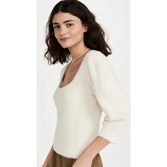 FREE PEOPLE Ivory Moonbeam Pullover Square Neck Puff Sleeve Sweater Top Medium