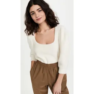 FREE PEOPLE Ivory Moonbeam Pullover Square Neck Puff Sleeve Sweater Top Medium