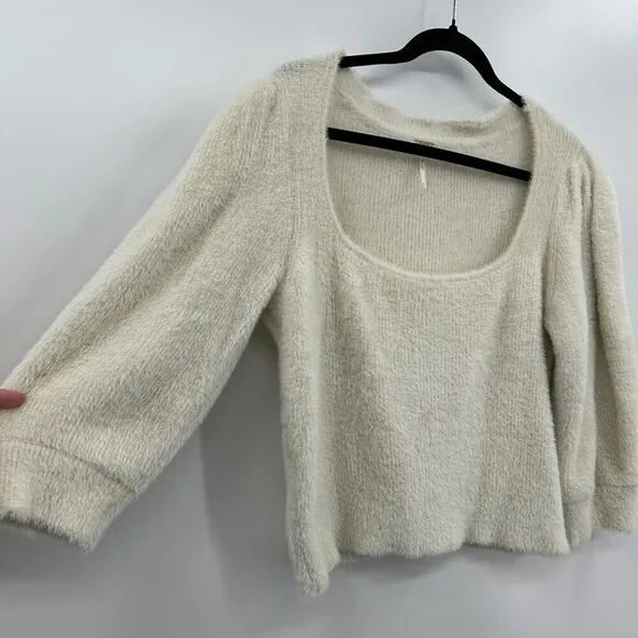 FREE PEOPLE Ivory Moonbeam Pullover Square Neck Puff Sleeve Sweater Top Medium