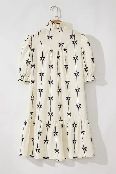 Frill Bow Print Notched Short Sleeve Mini Dress