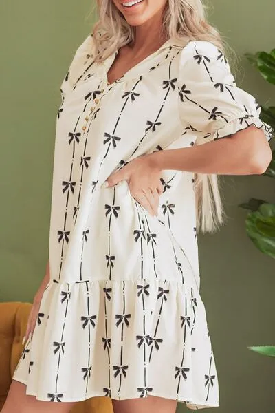 Frill Bow Print Notched Short Sleeve Mini Dress