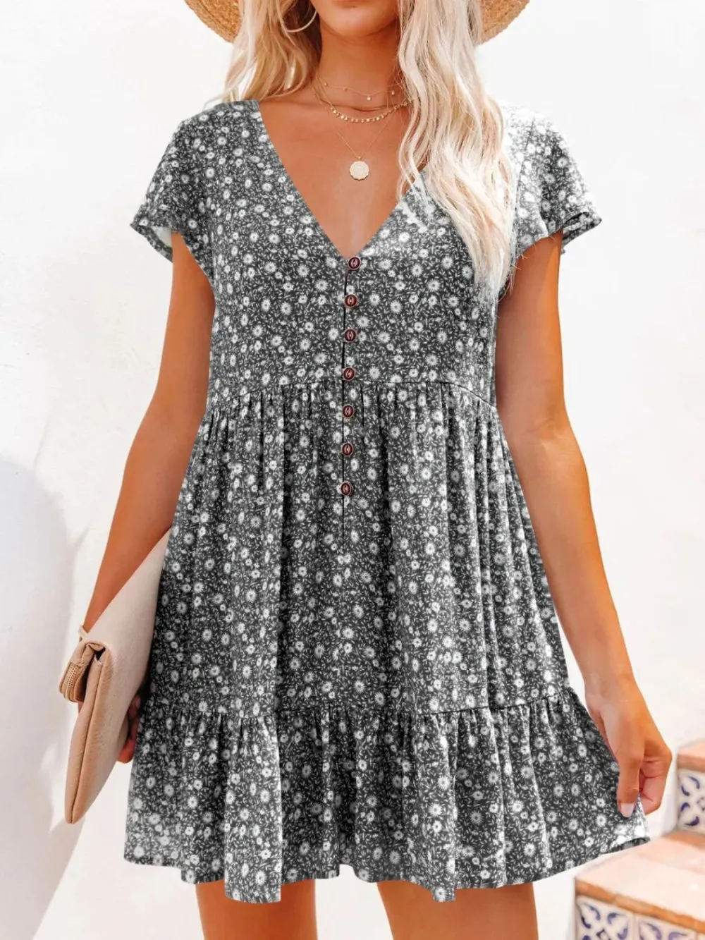 Full Size Floral V-Neck Flutter Sleeve Mini Dress Plus Size