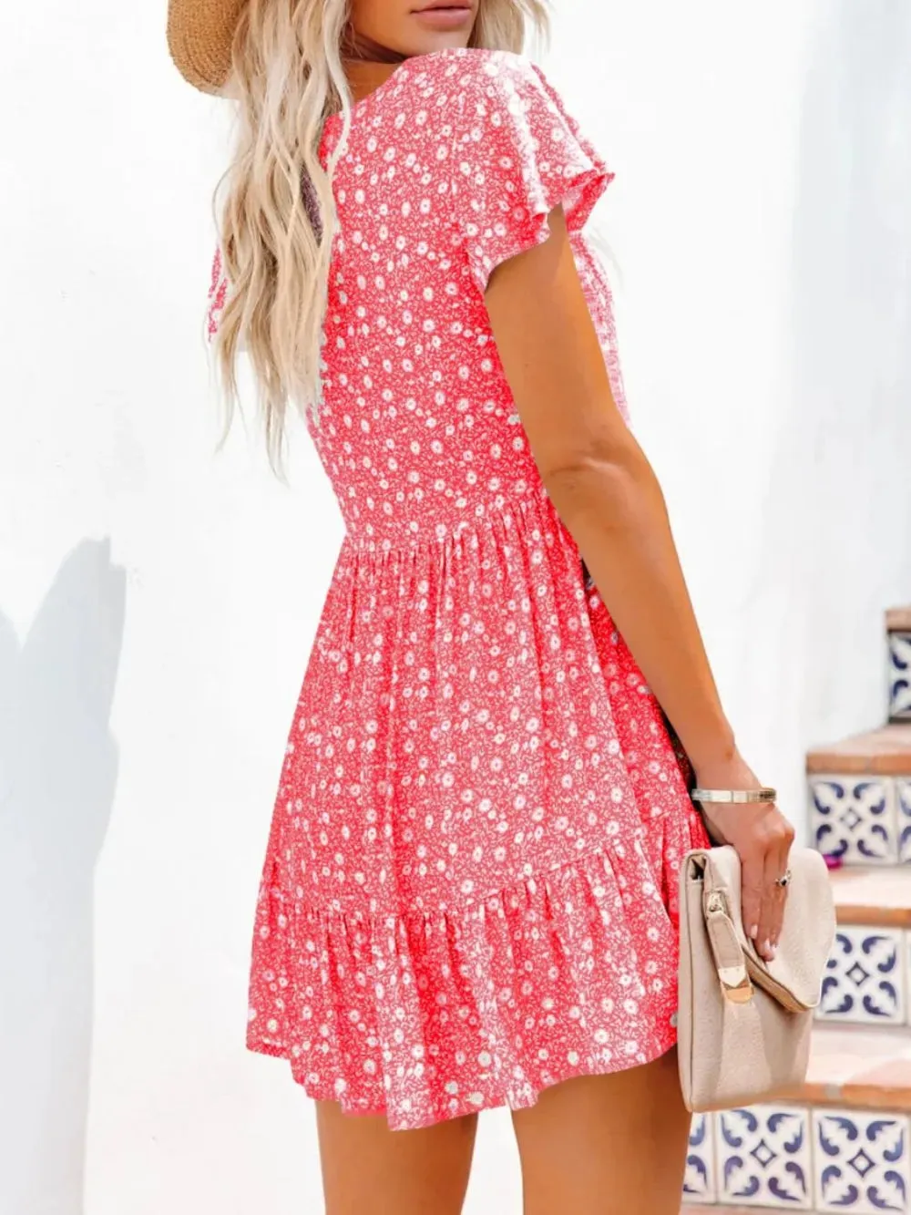 Full Size Floral V-Neck Flutter Sleeve Mini Dress Plus Size