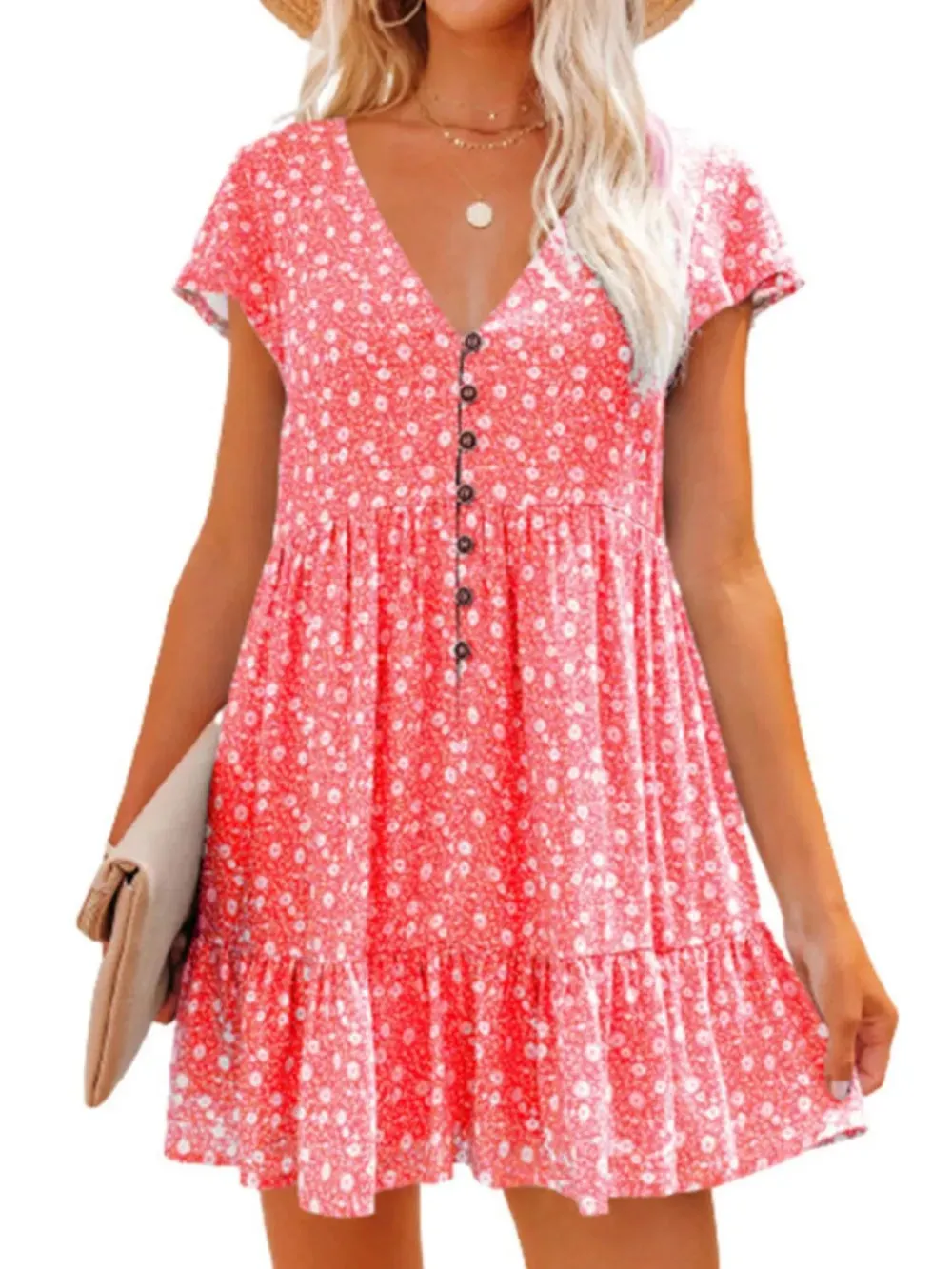 Full Size Floral V-Neck Flutter Sleeve Mini Dress Plus Size