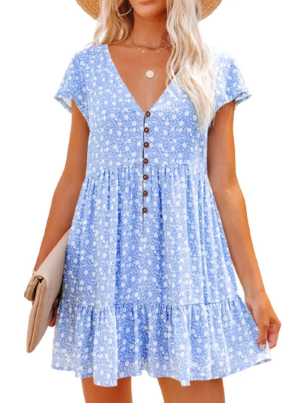 Full Size Floral V-Neck Flutter Sleeve Mini Dress Plus Size