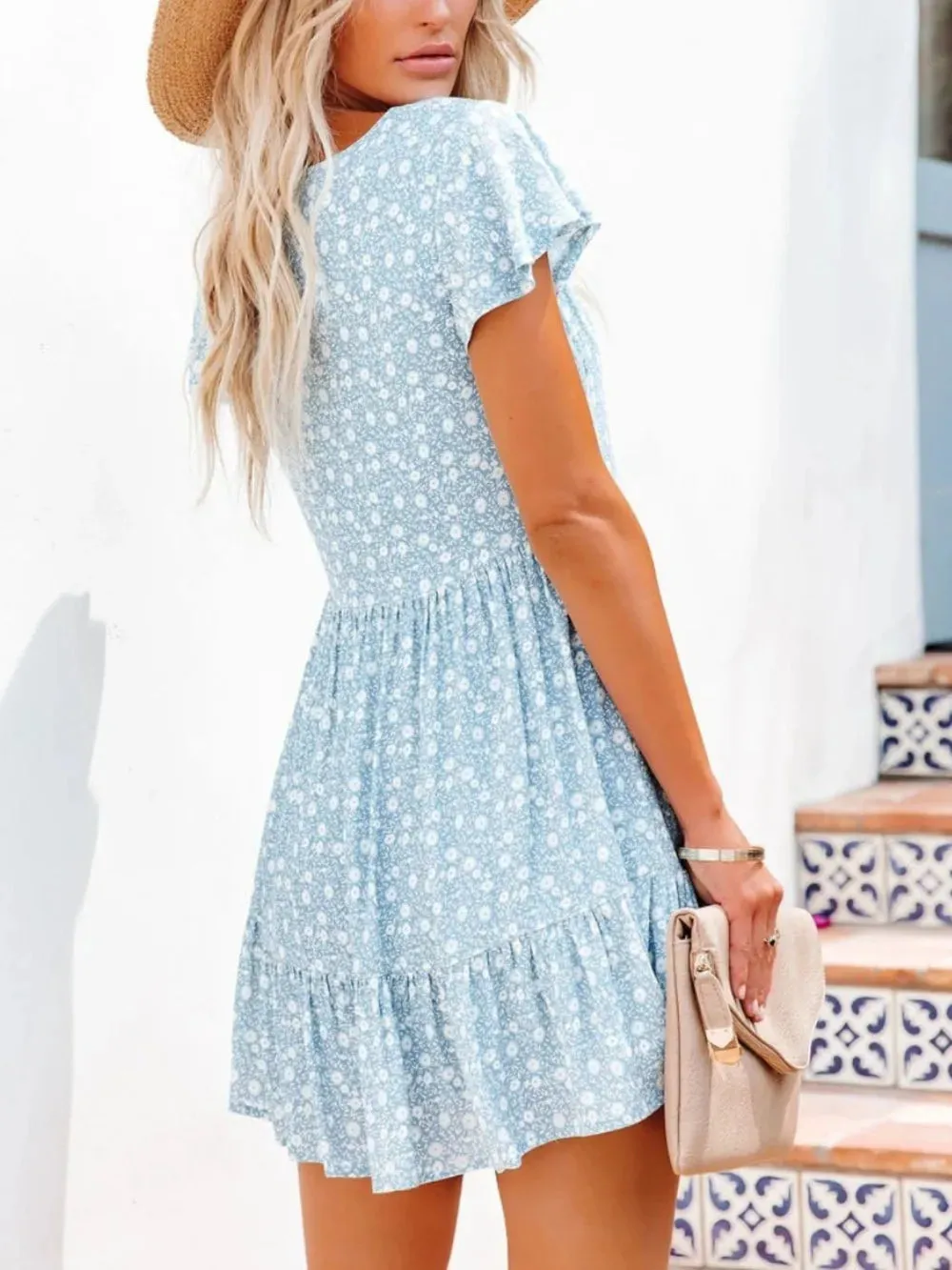 Full Size Floral V-Neck Flutter Sleeve Mini Dress Plus Size