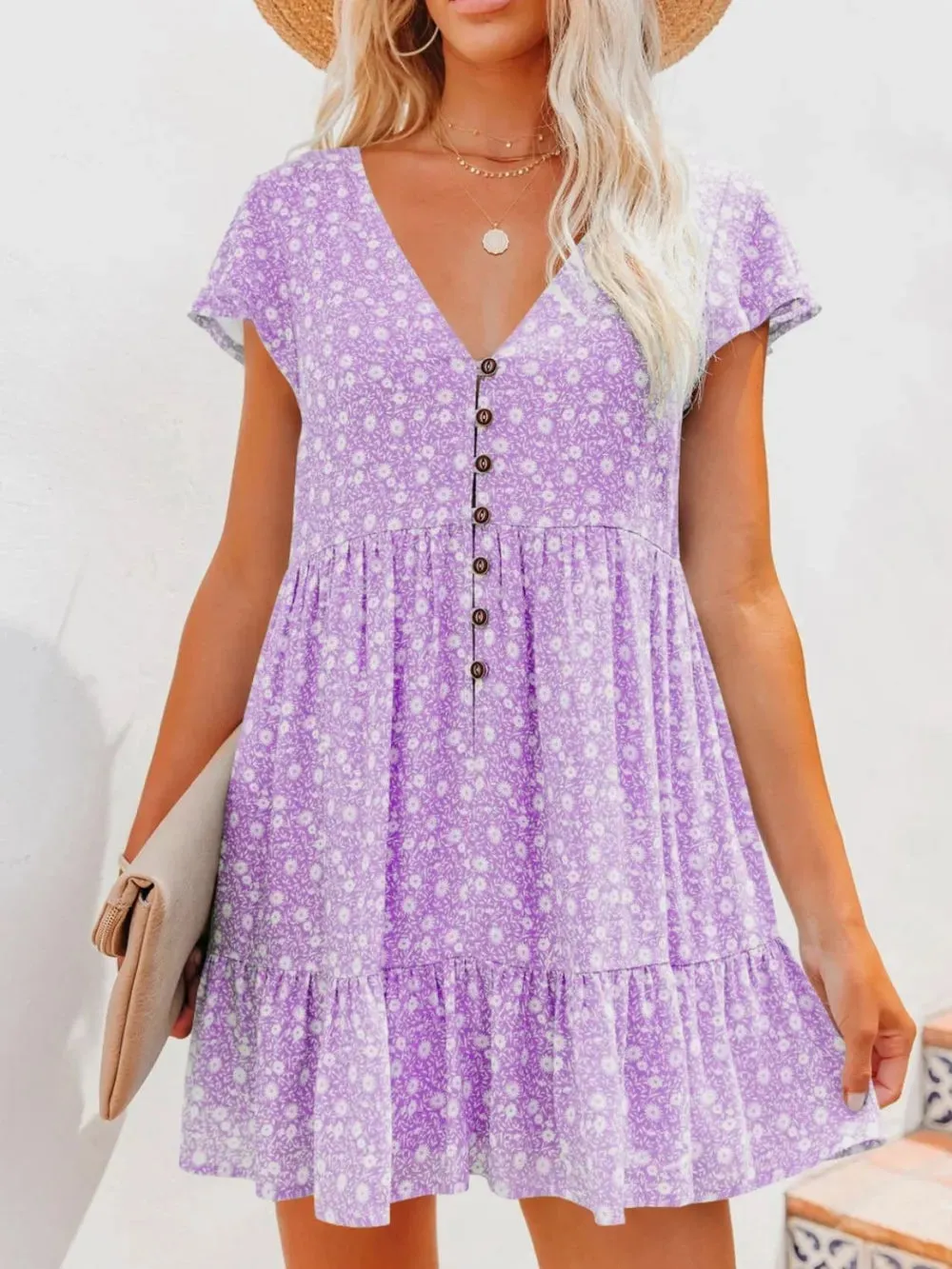 Full Size Floral V-Neck Flutter Sleeve Mini Dress Plus Size