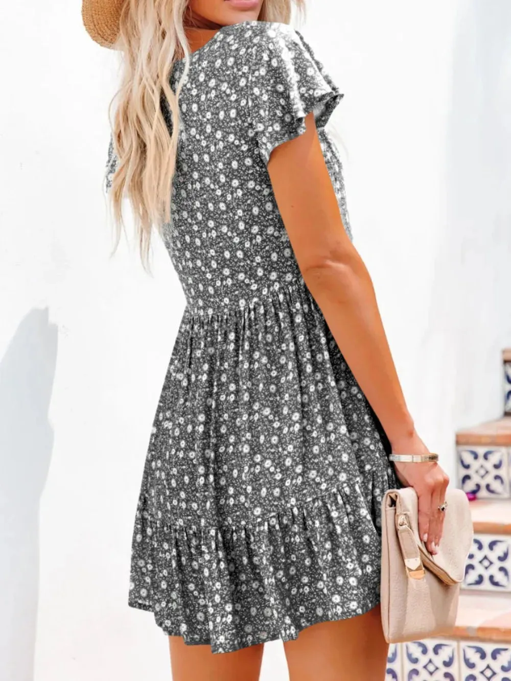 Full Size Floral V-Neck Flutter Sleeve Mini Dress Plus Size