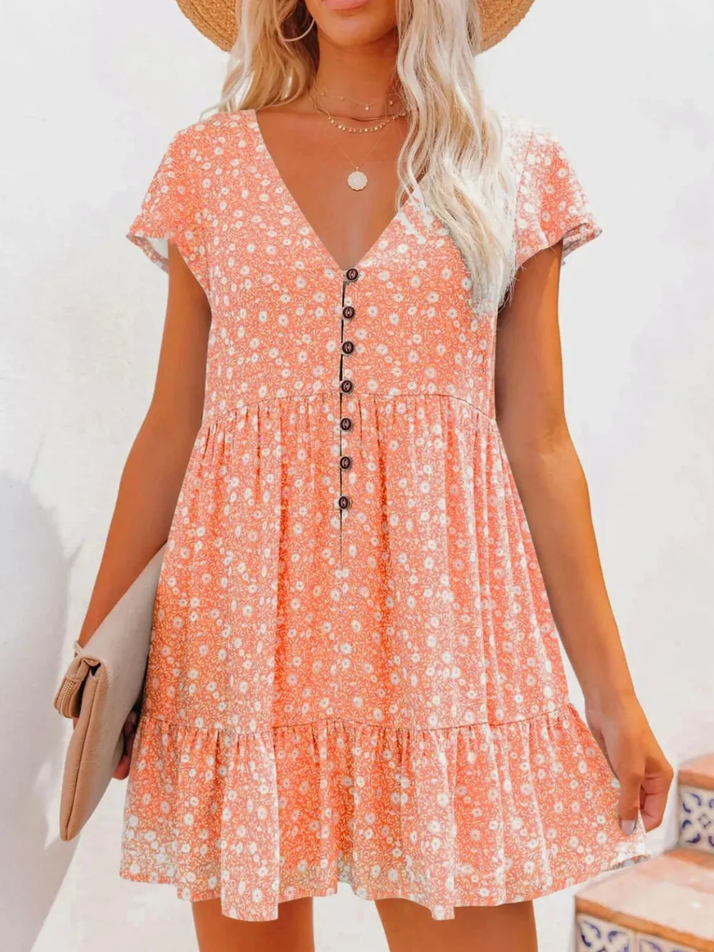 Full Size Floral V-Neck Flutter Sleeve Mini Dress Plus Size