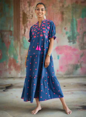Garden Embroidered Dress Navy