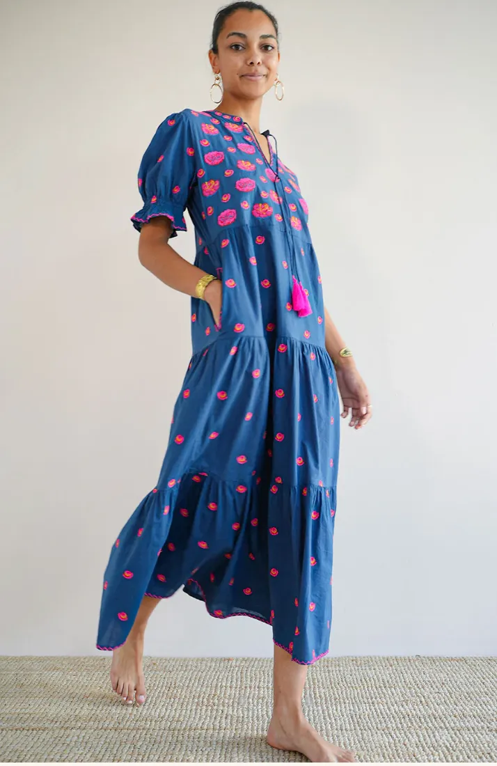 Garden Embroidered Dress Navy