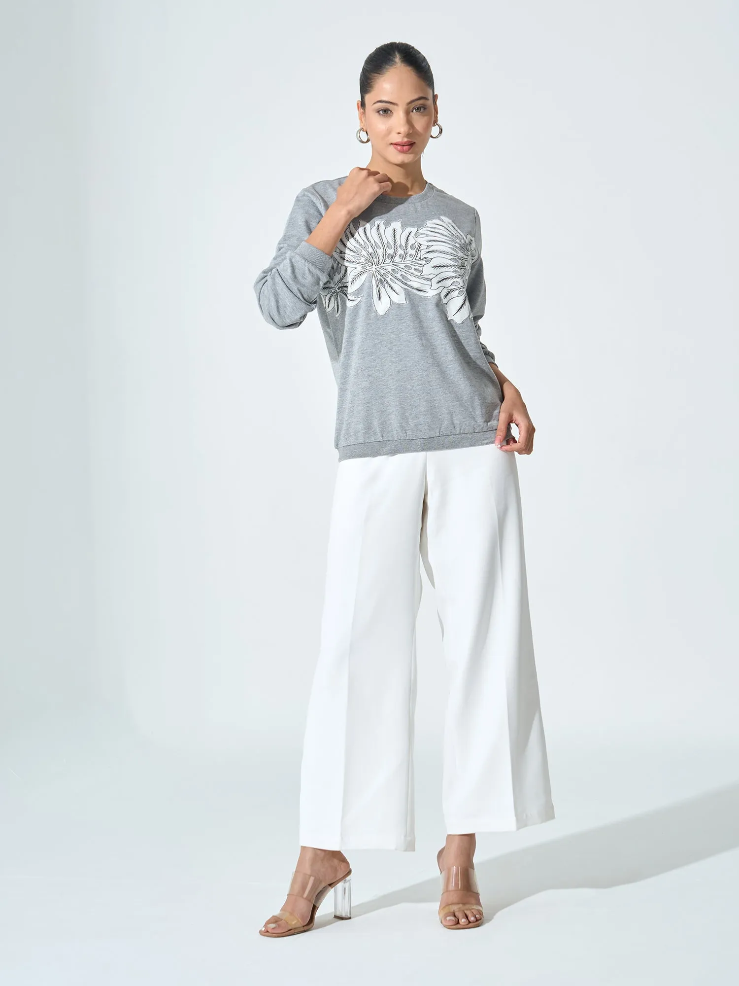 Ginny Appliqué  Sweater - Grey & White
