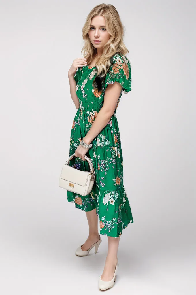 Ginny Smocked Printed Puff Sleeve Midi Dress