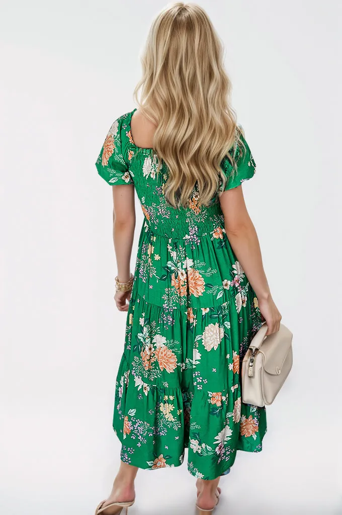 Ginny Smocked Printed Puff Sleeve Midi Dress