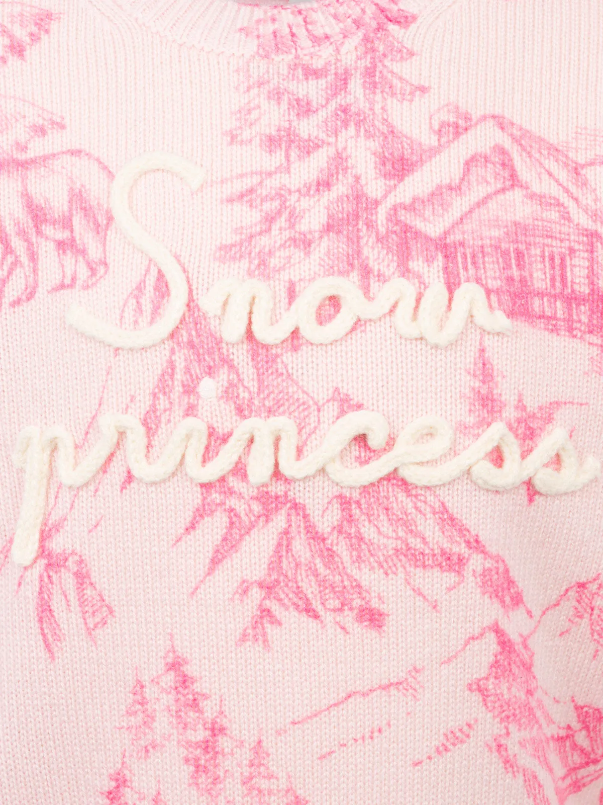 Girl pink crewneck sweater Princess with toile de jouy print and Snow Princess embroidery