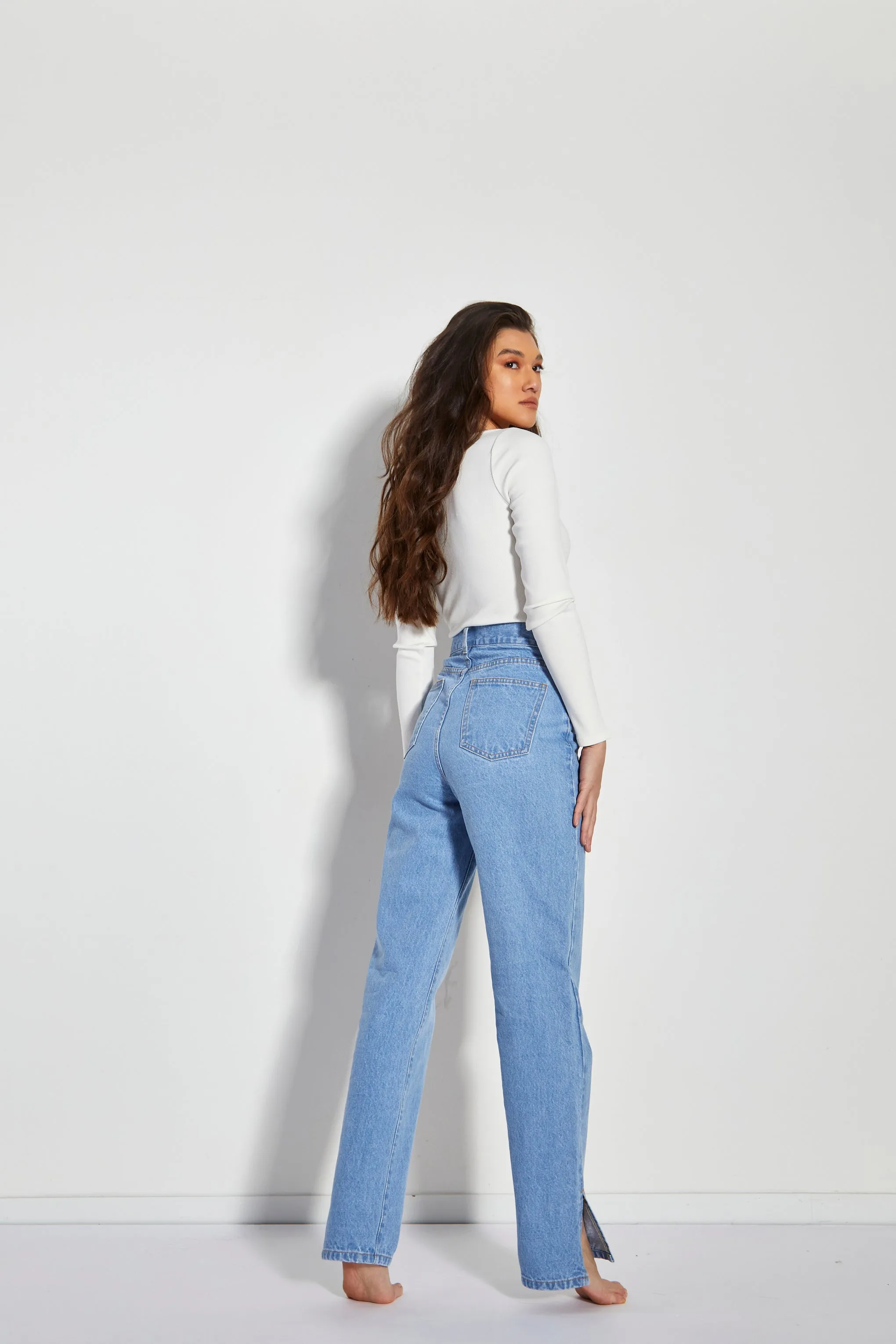 Glamorous Womens Bright Bleach Blue High Waisted Straight Leg Jeans with Side Split