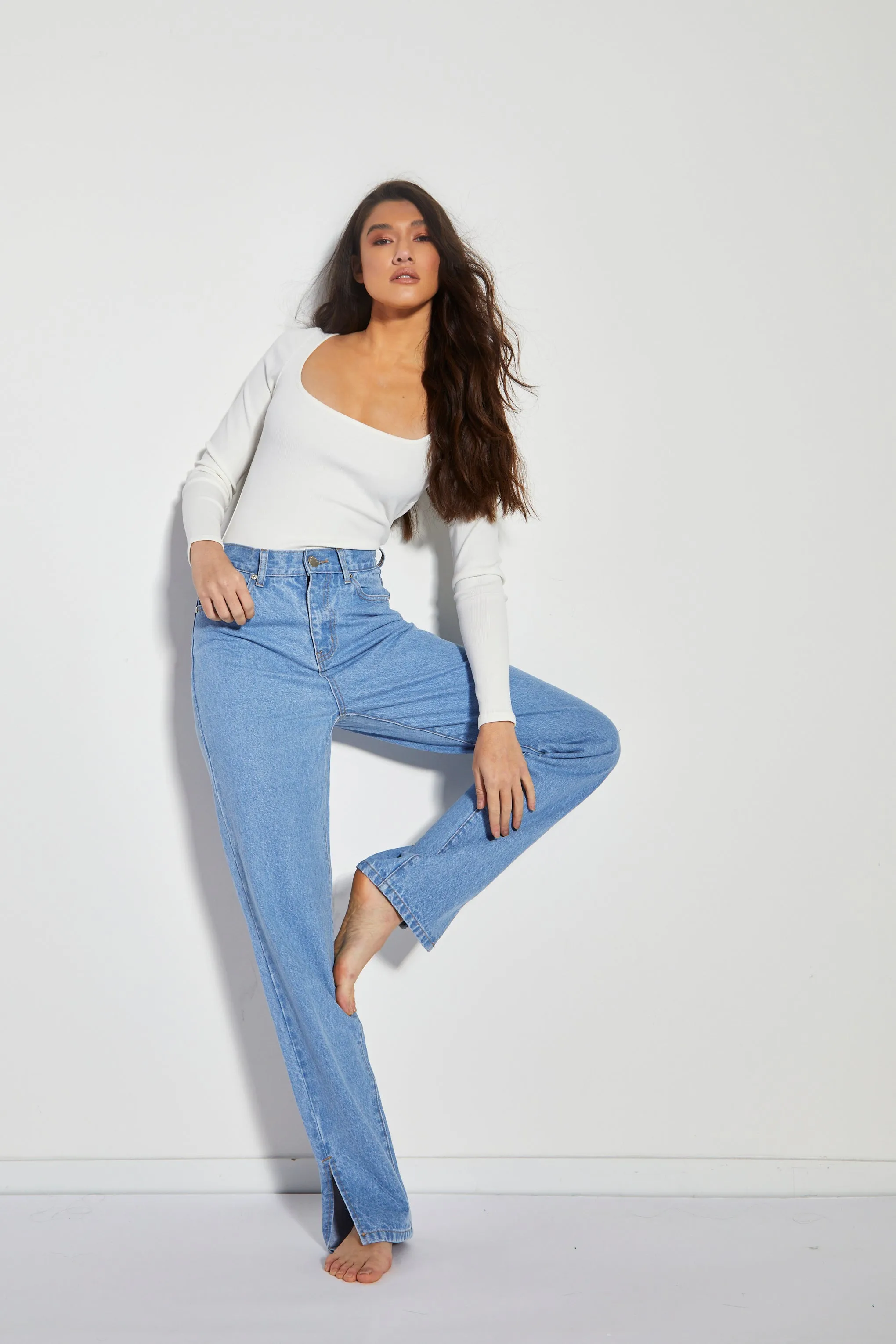 Glamorous Womens Bright Bleach Blue High Waisted Straight Leg Jeans with Side Split