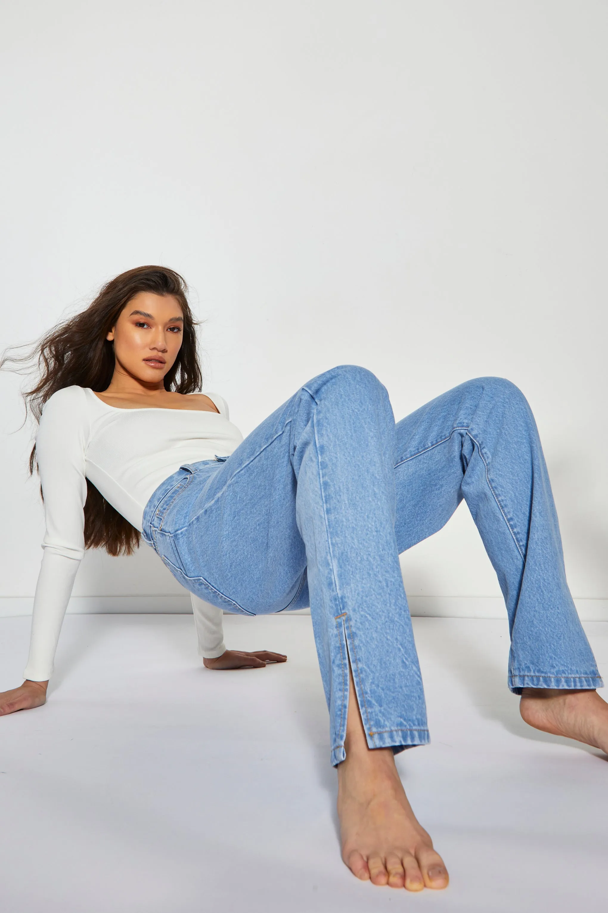 Glamorous Womens Bright Bleach Blue High Waisted Straight Leg Jeans with Side Split