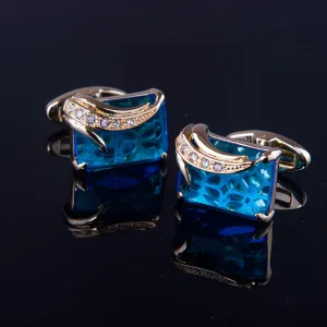 Gold   Light Blue Mens Stainless Steel Squares Cufflinks for Shirt