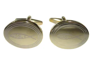 Gold Toned Etched Oval Religious Ichthys Jesus Fish Cufflinks