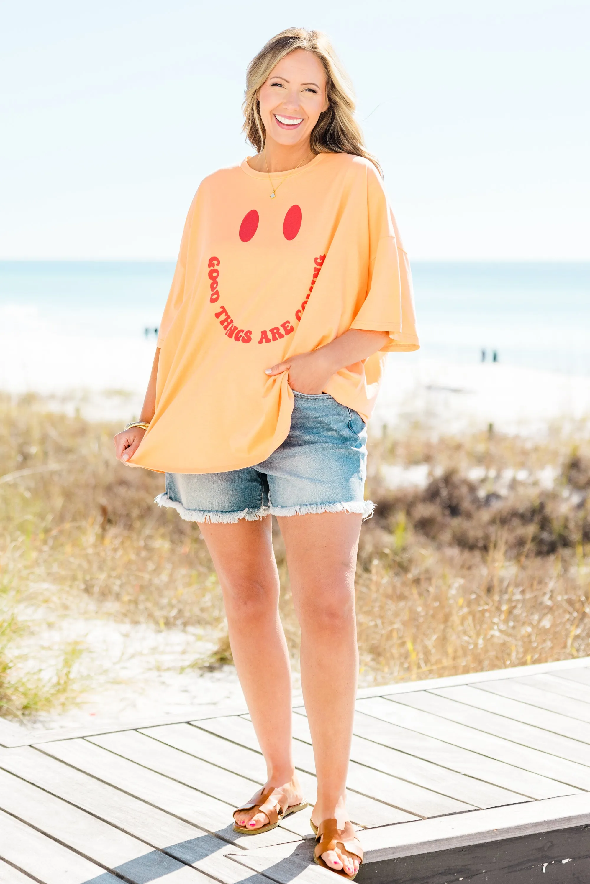 Good Things Boyfriend Tee, Neon Coral