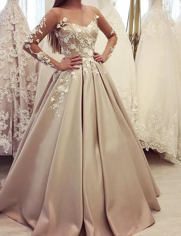 Gorgeous Bateau A Line Appliques Prom Dresses with Long Sleeves OKH37