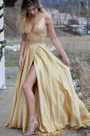 Gorgeous Two Piece Gold Long Beading Prom Dresses,Slit Side A Line Evening Dress OKA3
