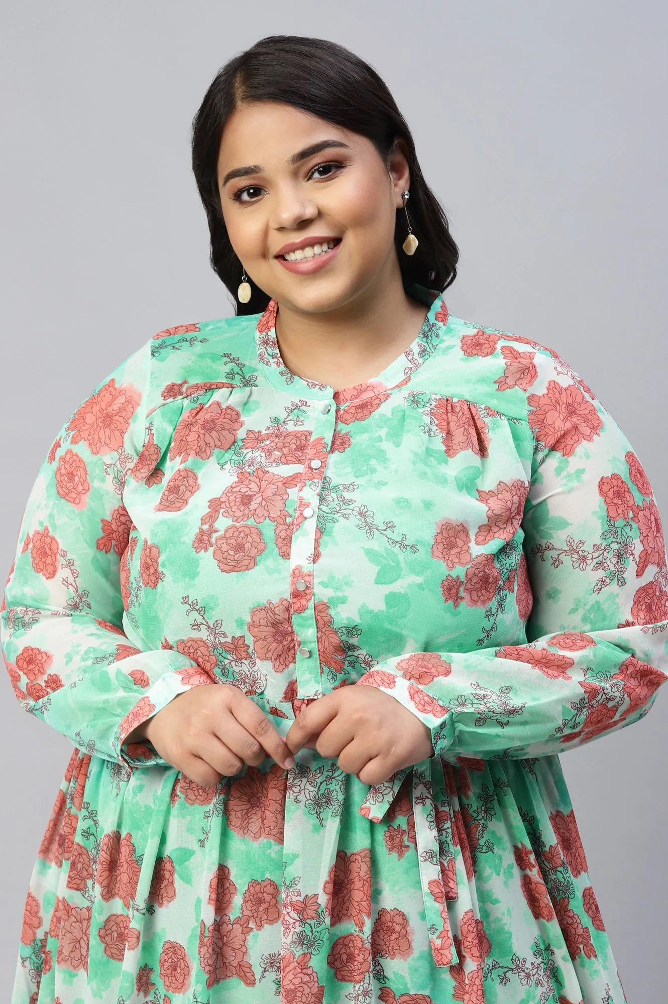 Green Bold Floral Print Flared Plus Size Dress