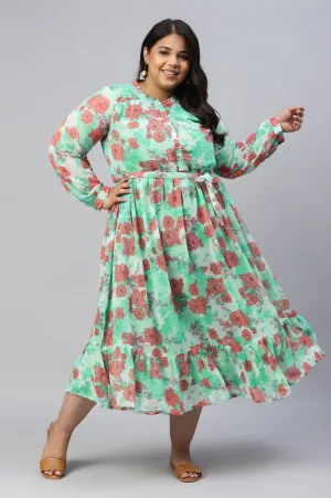Green Bold Floral Print Flared Plus Size Dress