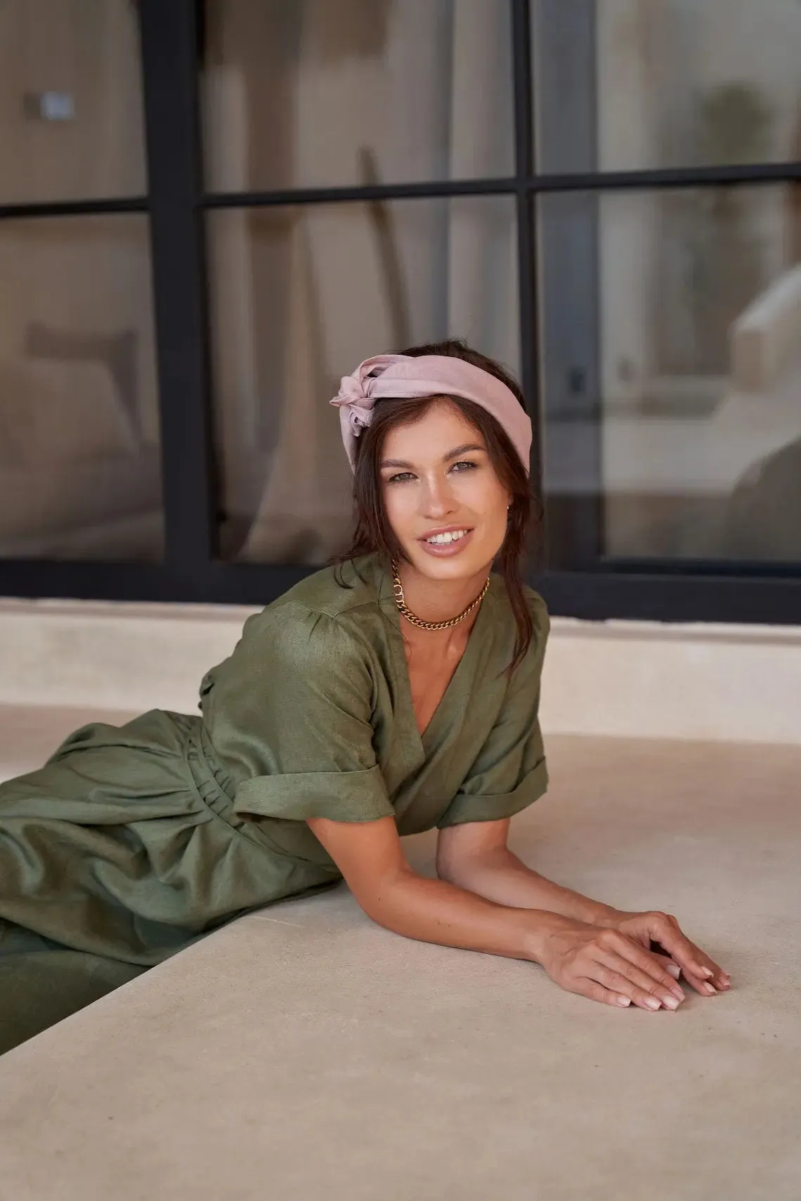 Green Midi Tie Waist Boho linen dress by Soelis