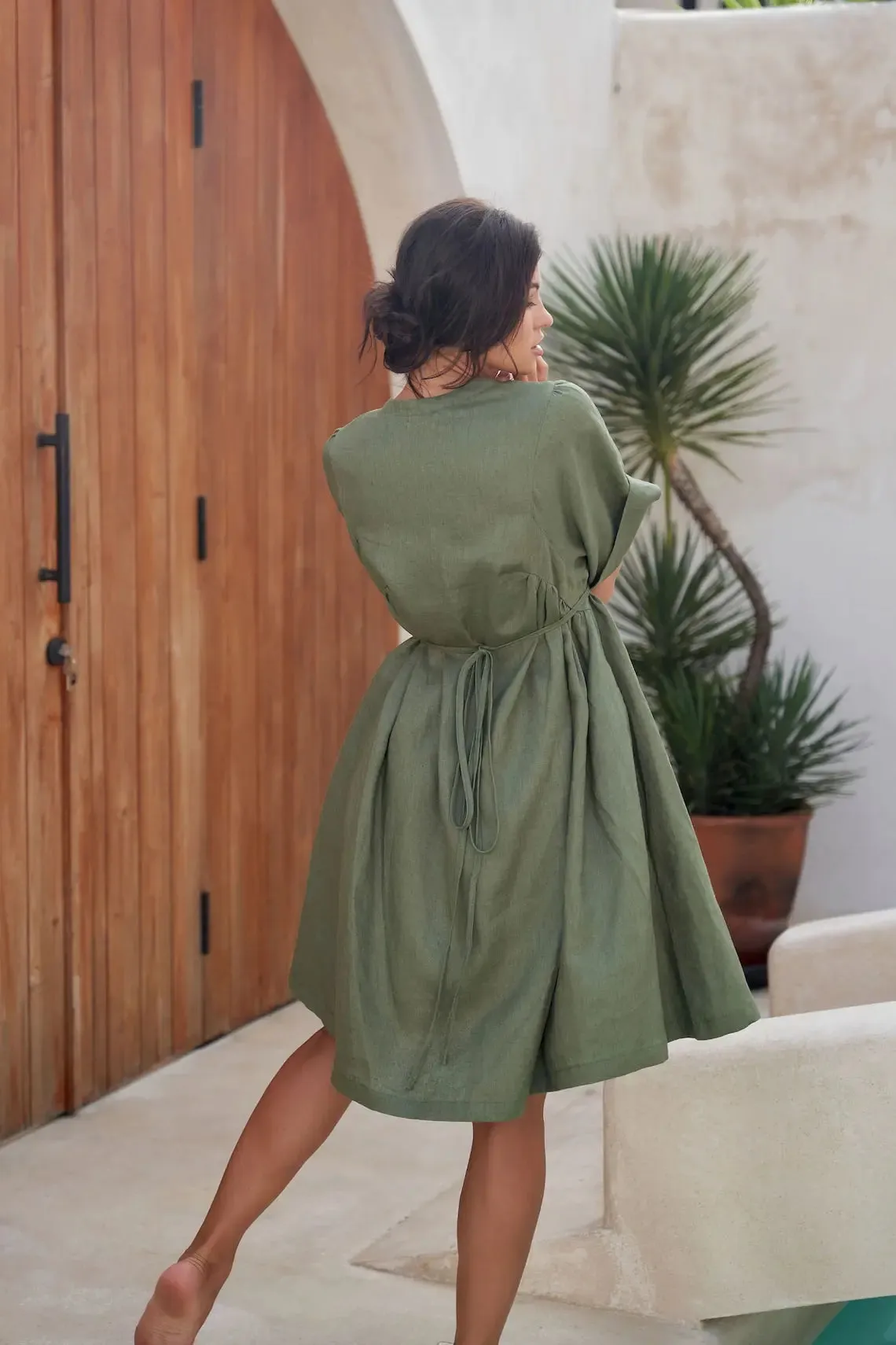 Green Midi Tie Waist Boho linen dress by Soelis