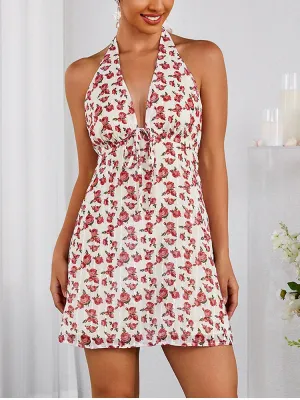Halter V-Neck Backless Floral Tie Up Dress