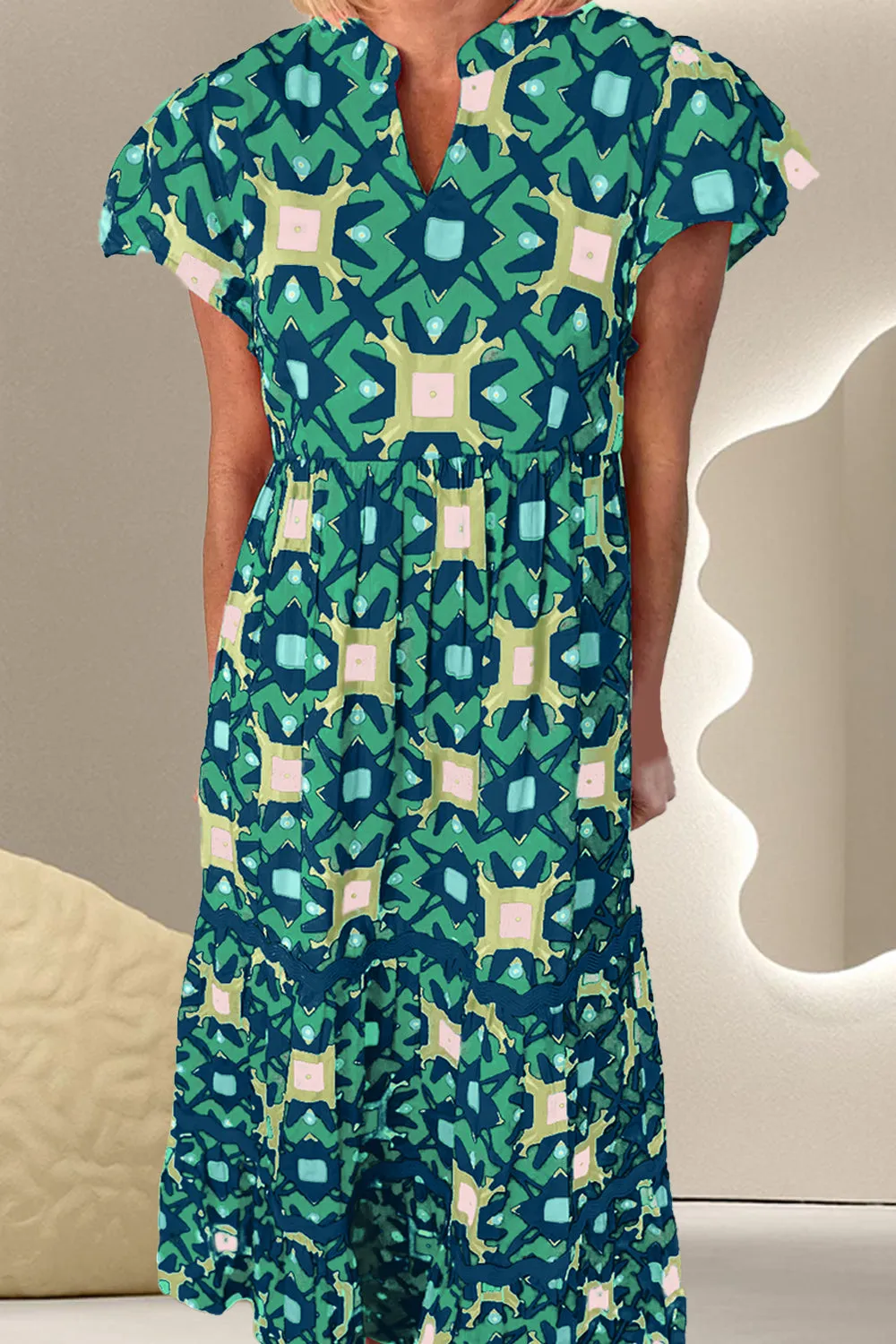 Harmony Printed Notched Cap Sleeve Dress