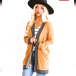 Hem &amp; Thread Camel Black and White Open Front Cardigan M