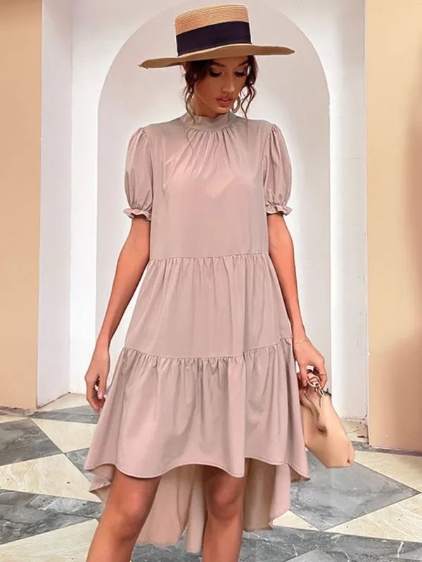 High-Waist Asymmetrical Dress with Puffed Sleeves