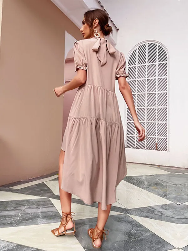 High-Waist Asymmetrical Dress with Puffed Sleeves