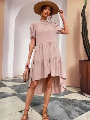 High-Waist Asymmetrical Dress with Puffed Sleeves