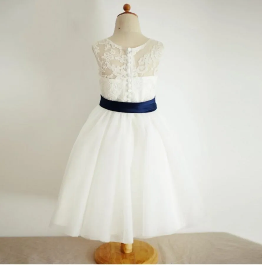 Illusion Lace Tulle Flower Girl Dresses with Navy Belt, Affordable Flower Girl Dresses, FGY0130