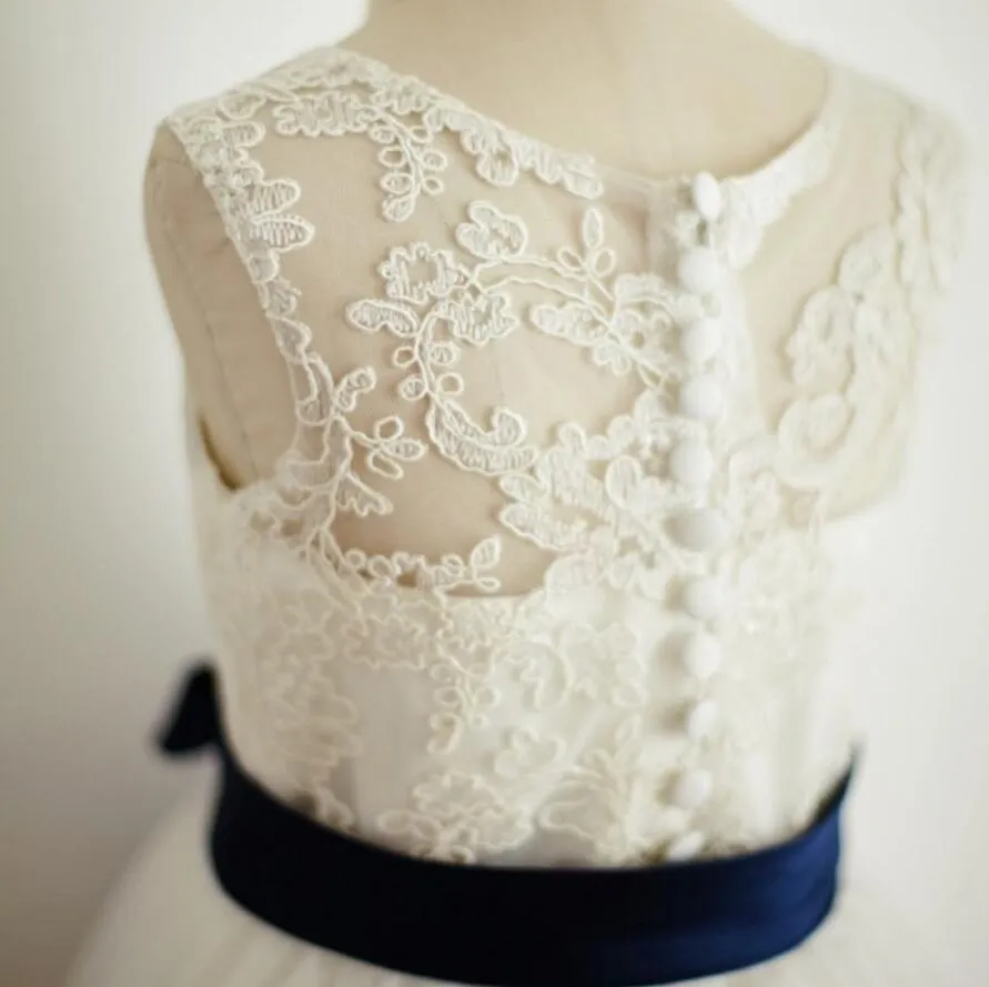 Illusion Lace Tulle Flower Girl Dresses with Navy Belt, Affordable Flower Girl Dresses, FGY0130