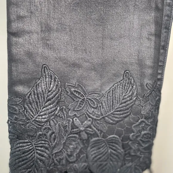 J Brand Selena Coated Cropped Lace Hem Mid-Rise Bootcut Jeans Sz 28 Black Boho